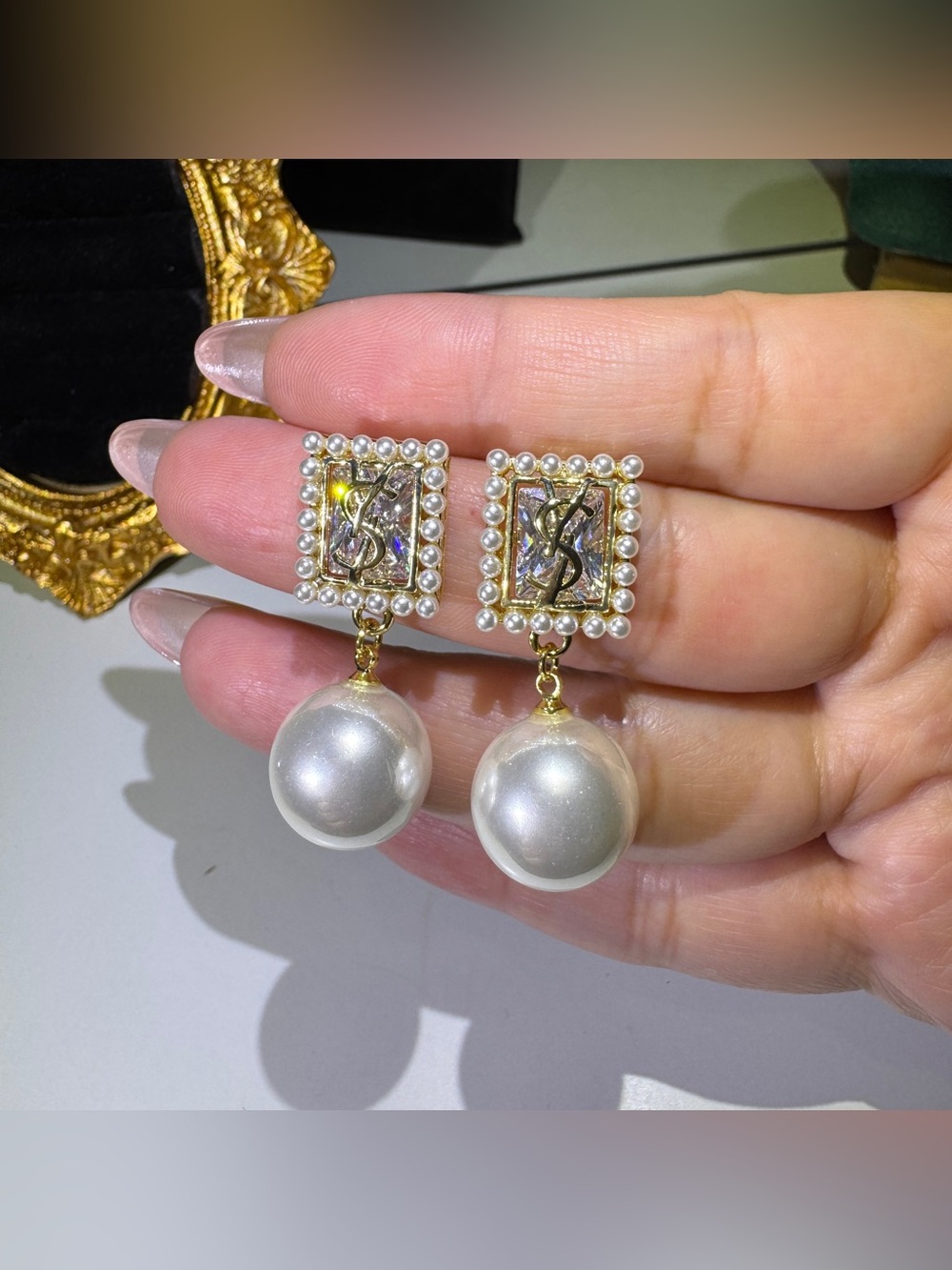 S925 Posts Pearl Crystal Gold Dangle Earrings